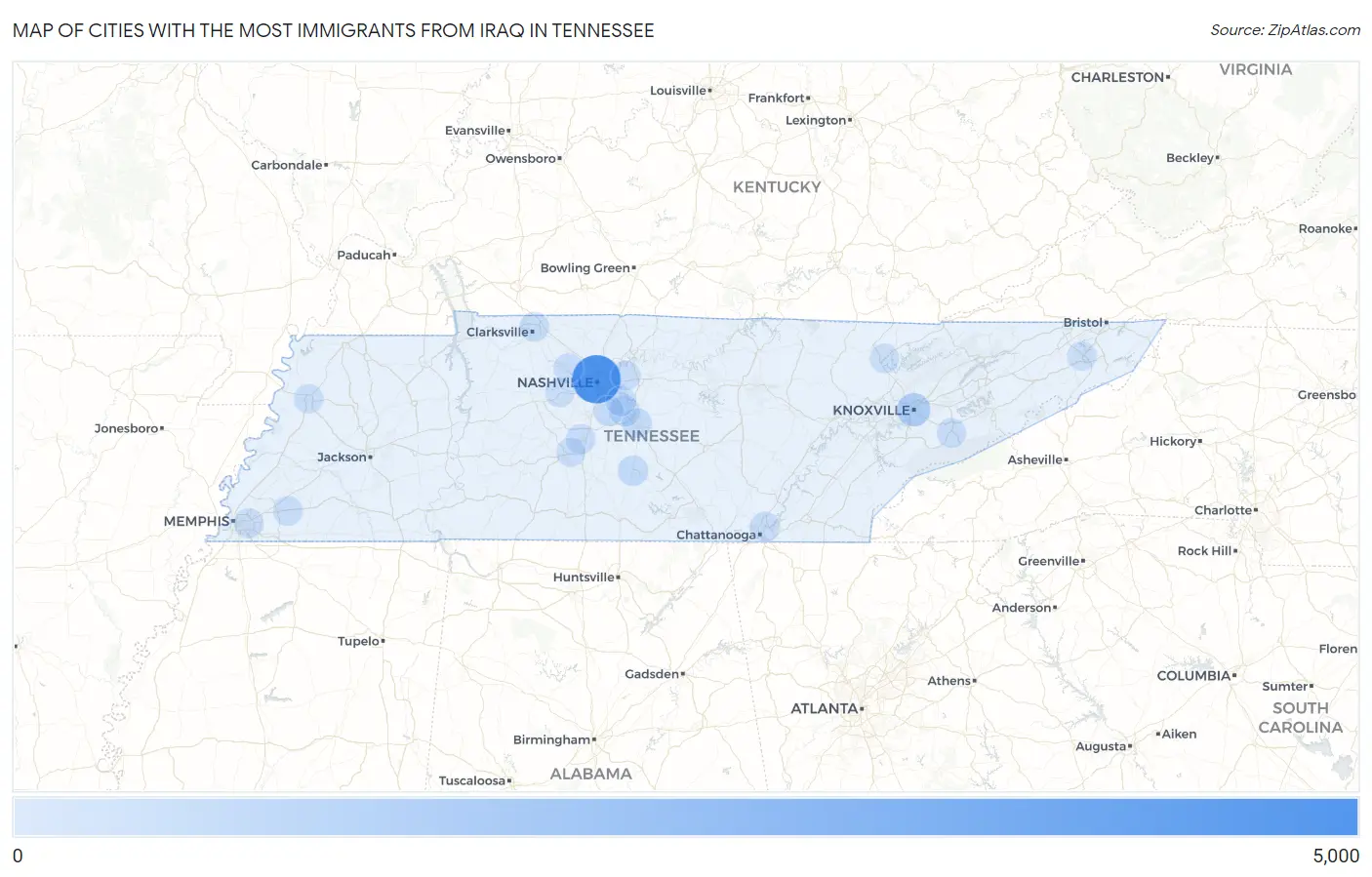 Cities with the Most Immigrants from Iraq in Tennessee Map