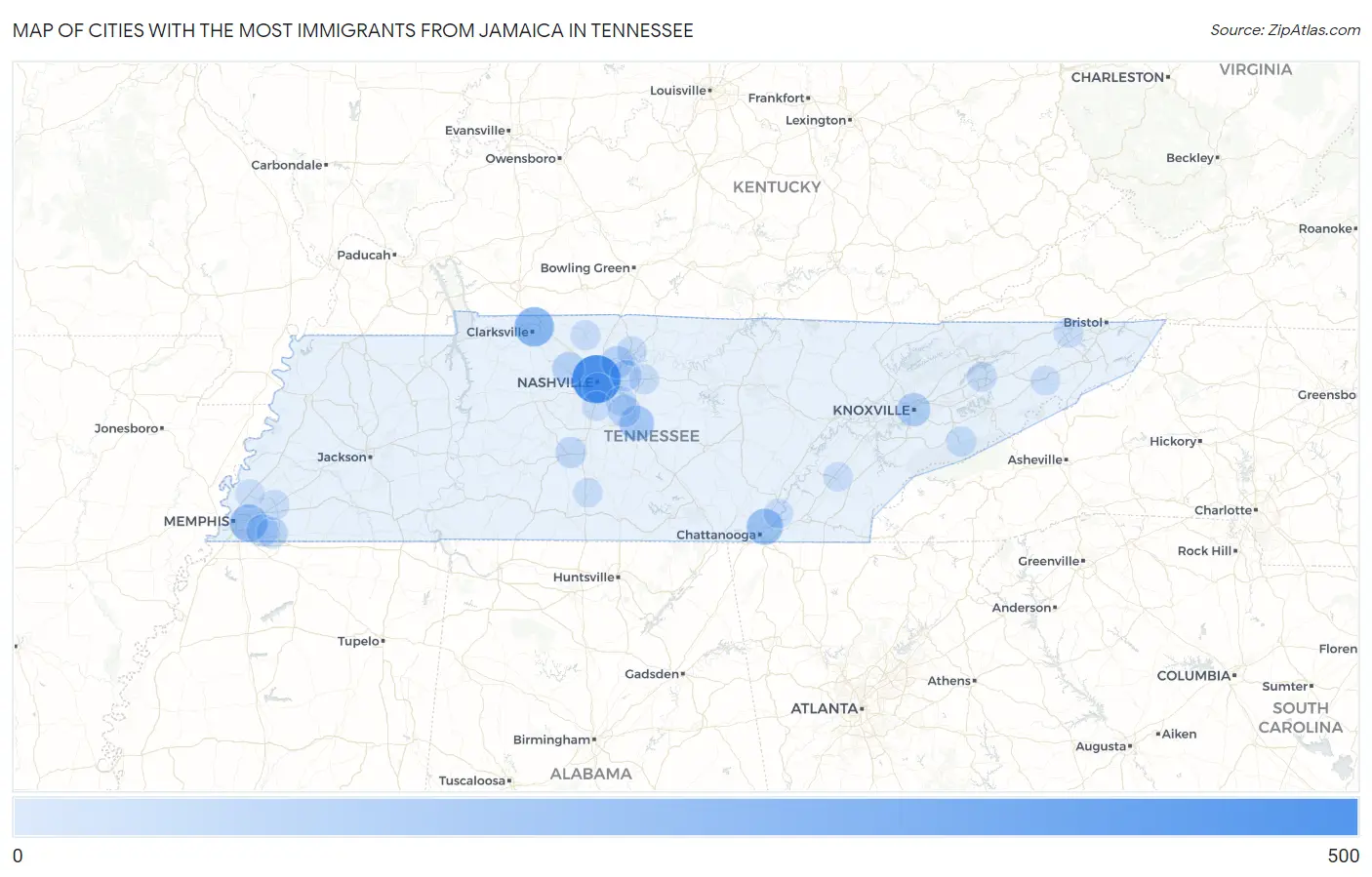 Cities with the Most Immigrants from Jamaica in Tennessee Map