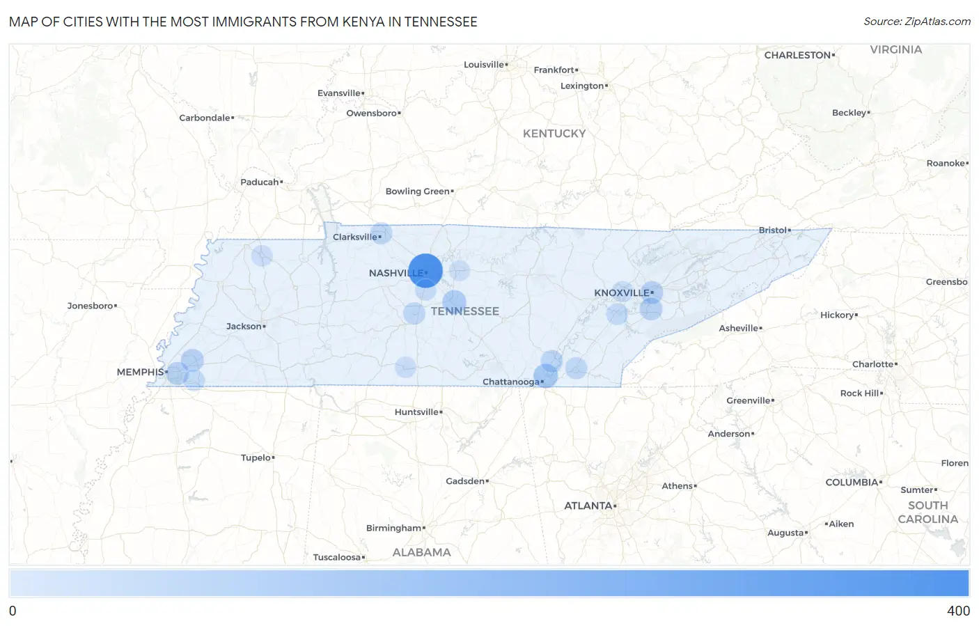 Cities with the Most Immigrants from Kenya in Tennessee Map