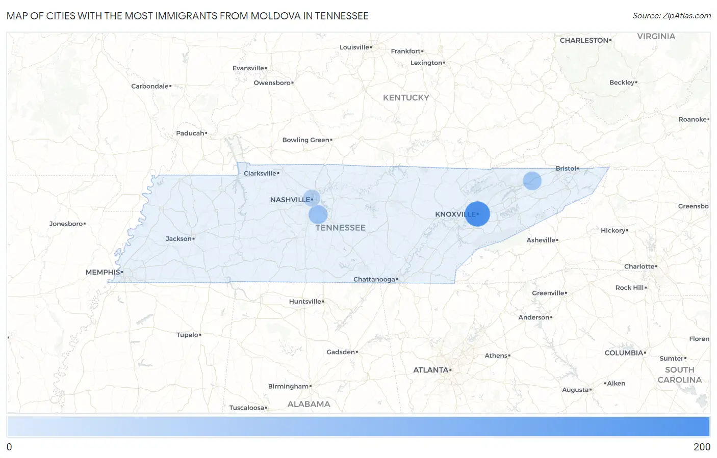 Cities with the Most Immigrants from Moldova in Tennessee Map