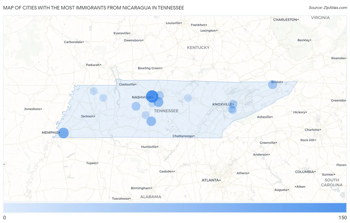 Cities with the Most Immigrants from Nicaragua in Tennessee Map