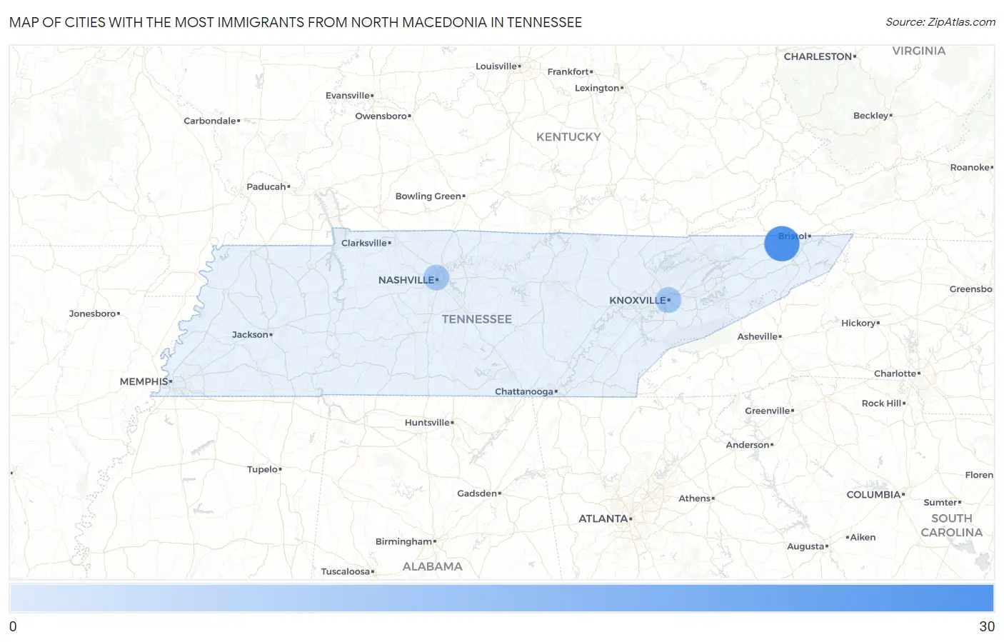 Cities with the Most Immigrants from North Macedonia in Tennessee Map