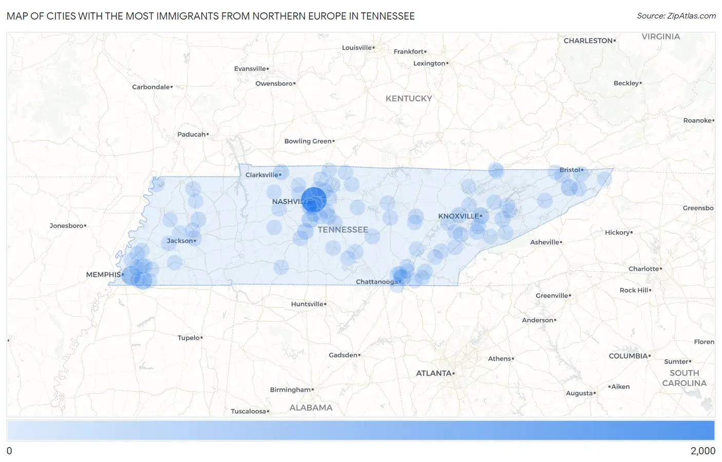 Cities with the Most Immigrants from Northern Europe in Tennessee Map