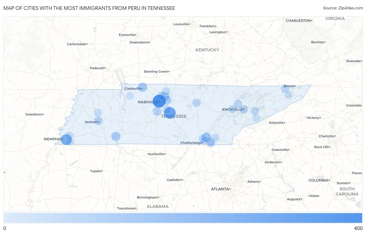 Cities with the Most Immigrants from Peru in Tennessee Map