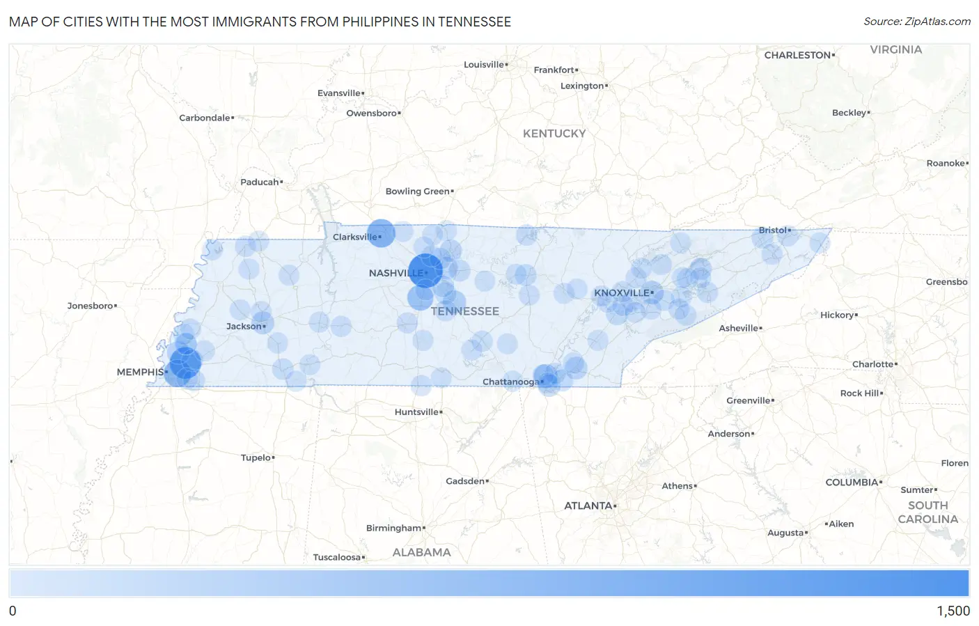 Cities with the Most Immigrants from Philippines in Tennessee Map