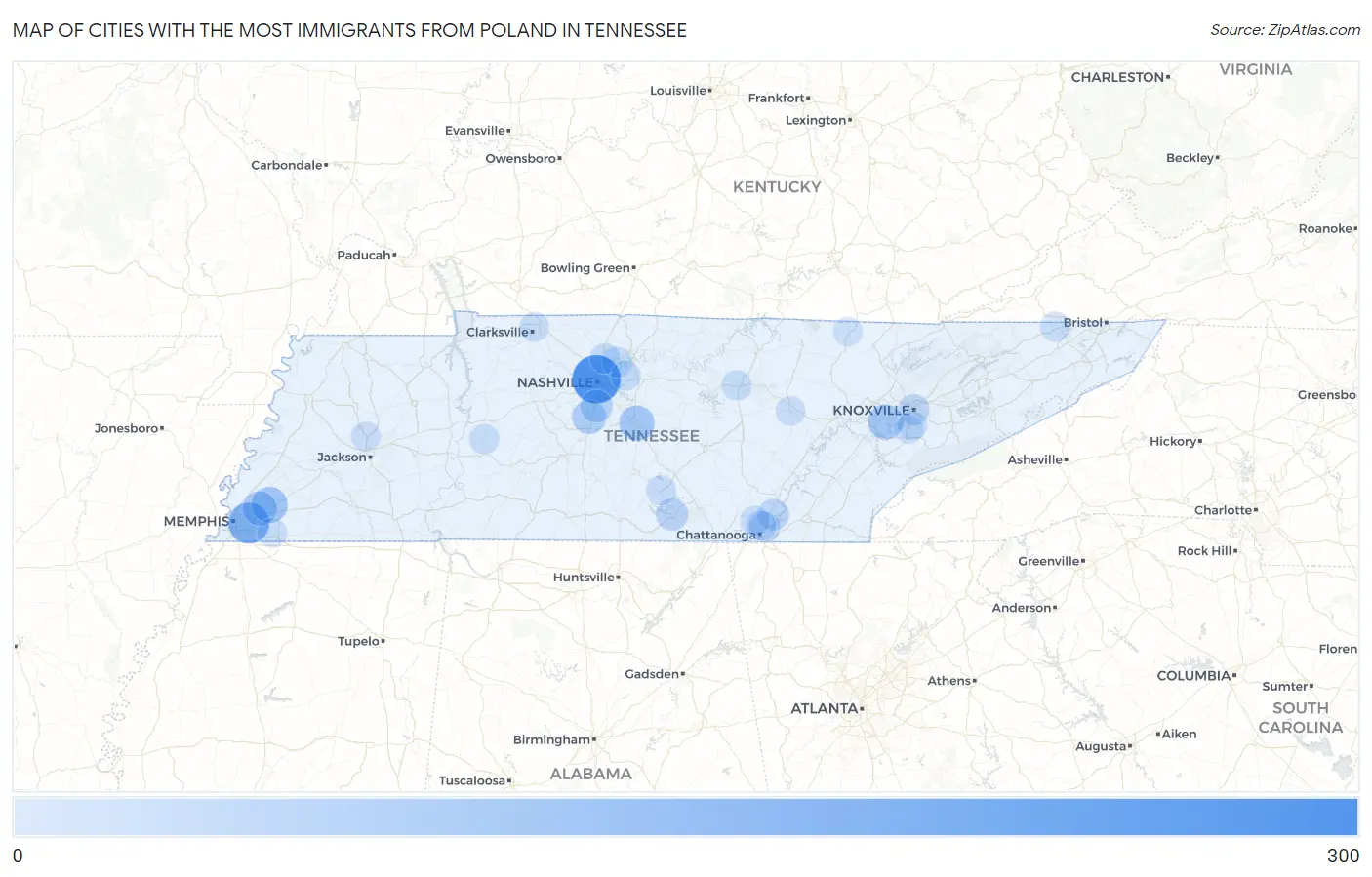 Cities with the Most Immigrants from Poland in Tennessee Map