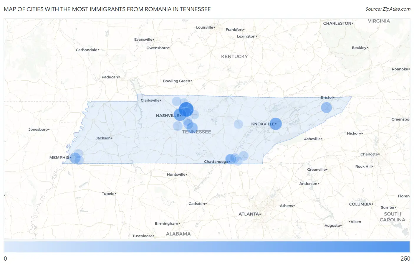 Cities with the Most Immigrants from Romania in Tennessee Map