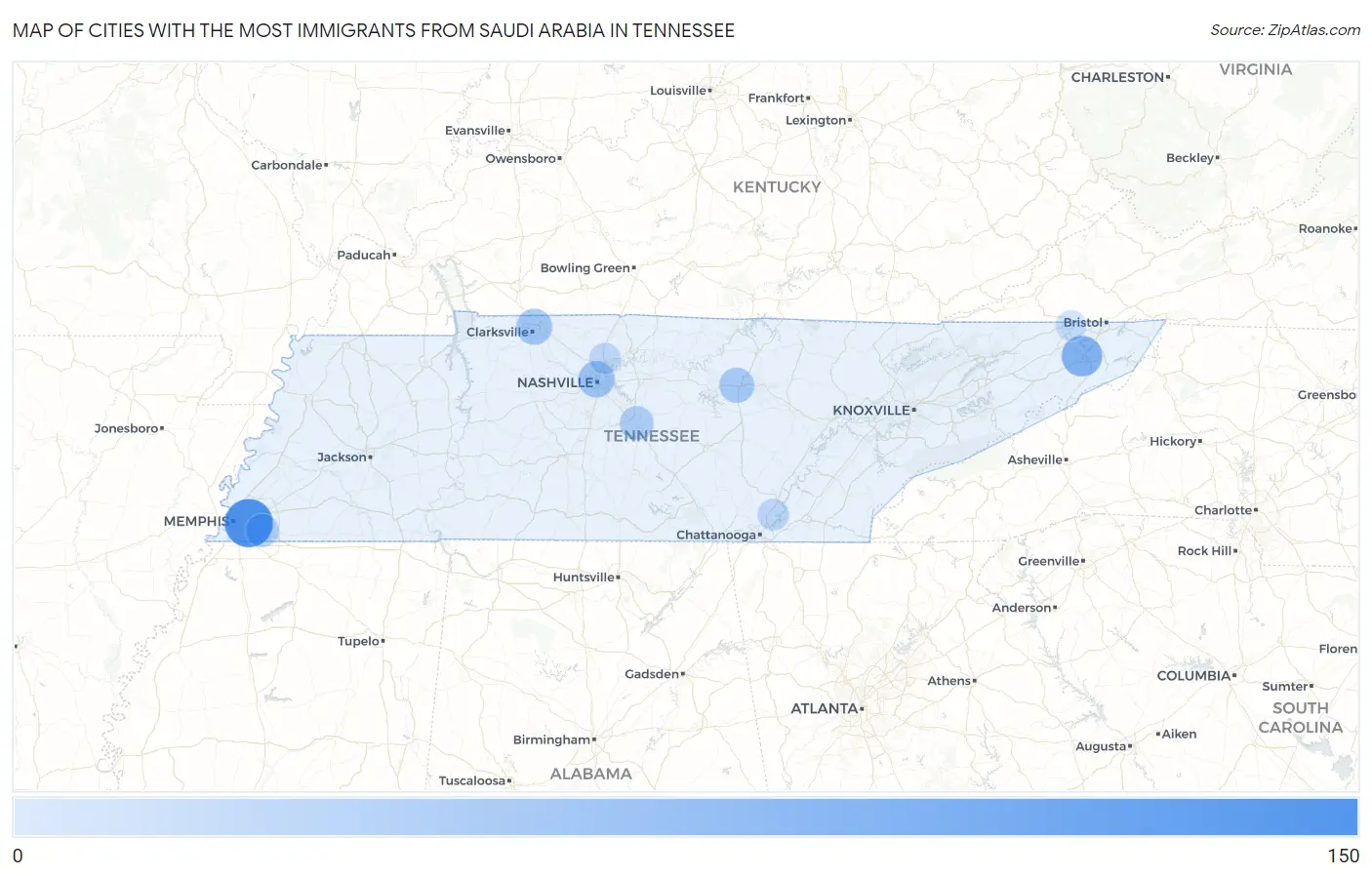 Cities with the Most Immigrants from Saudi Arabia in Tennessee Map