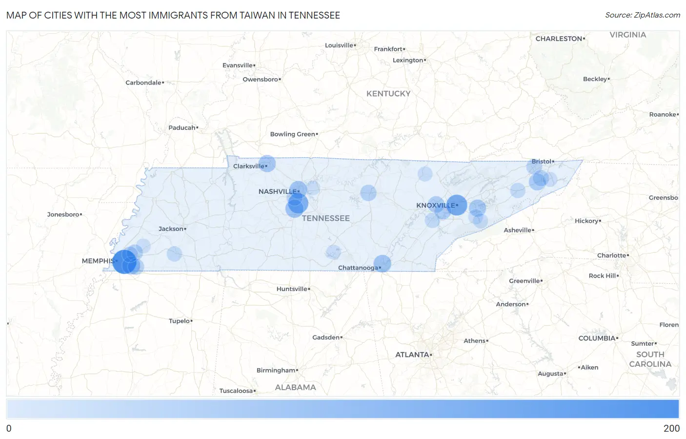 Cities with the Most Immigrants from Taiwan in Tennessee Map