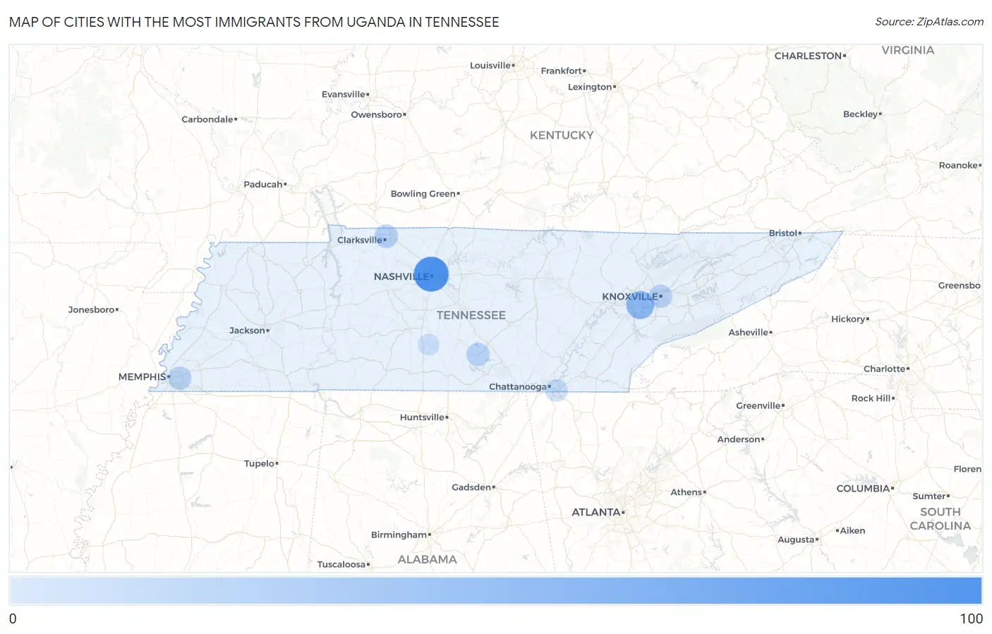 Cities with the Most Immigrants from Uganda in Tennessee Map