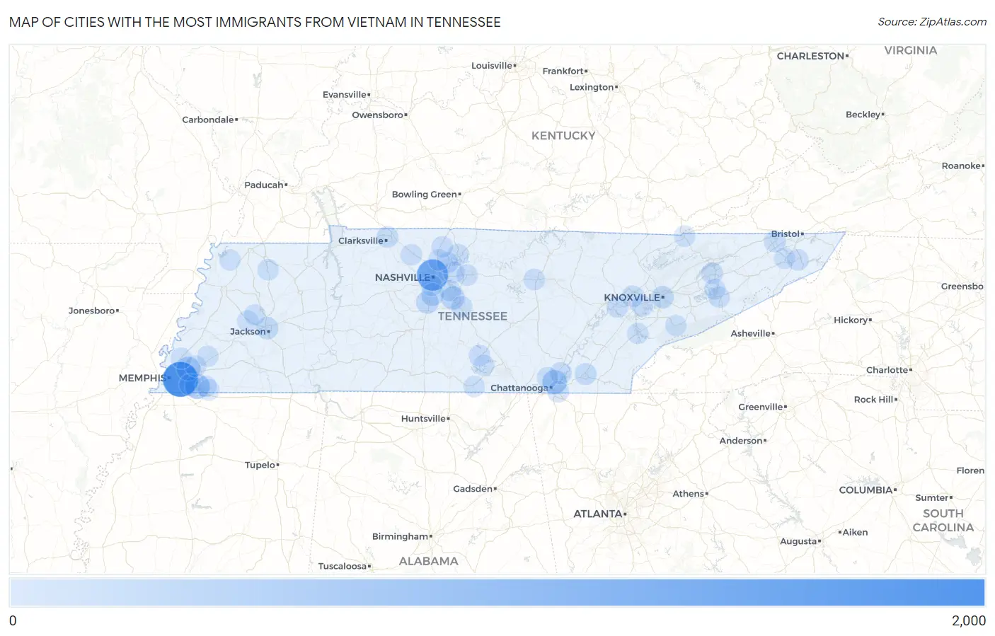 Cities with the Most Immigrants from Vietnam in Tennessee Map
