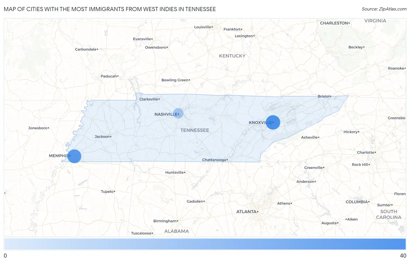 Cities with the Most Immigrants from West Indies in Tennessee Map