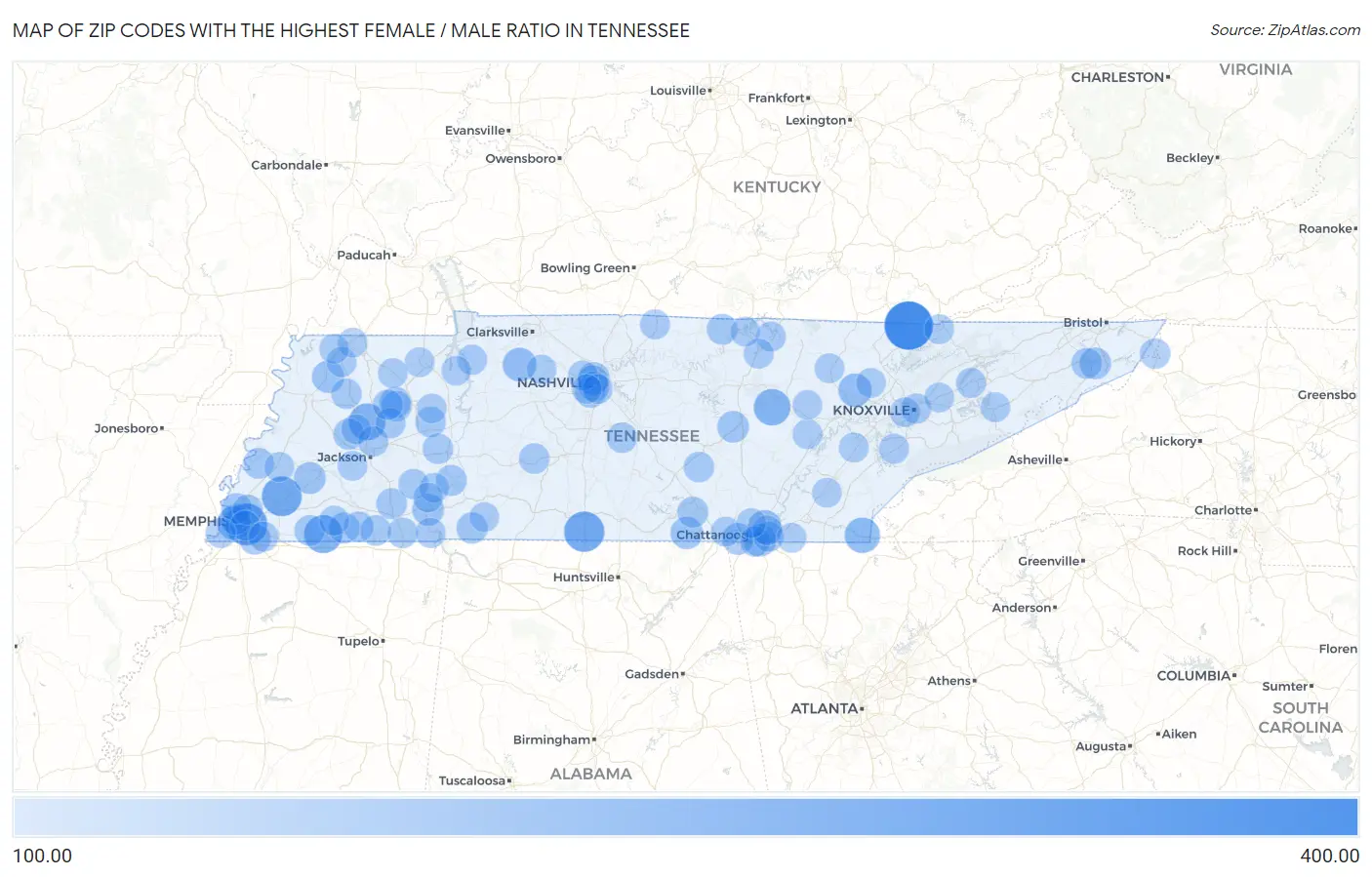 Zip Codes with the Highest Female / Male Ratio in Tennessee Map