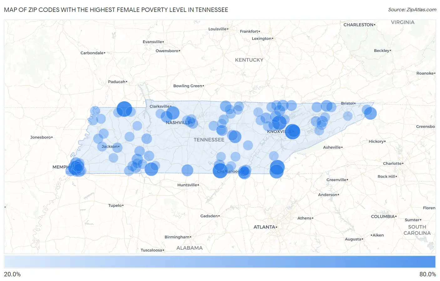 Zip Codes with the Highest Female Poverty Level in Tennessee Map