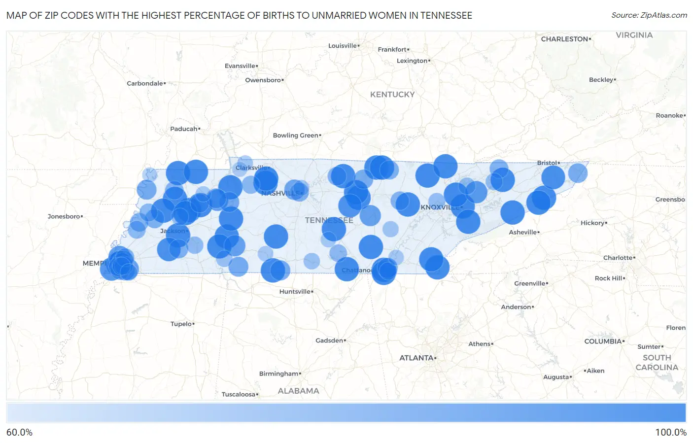 Zip Codes with the Highest Percentage of Births to Unmarried Women in Tennessee Map