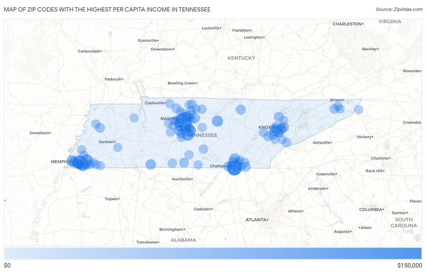 Zip Codes with the Highest Per Capita Income in Tennessee Map
