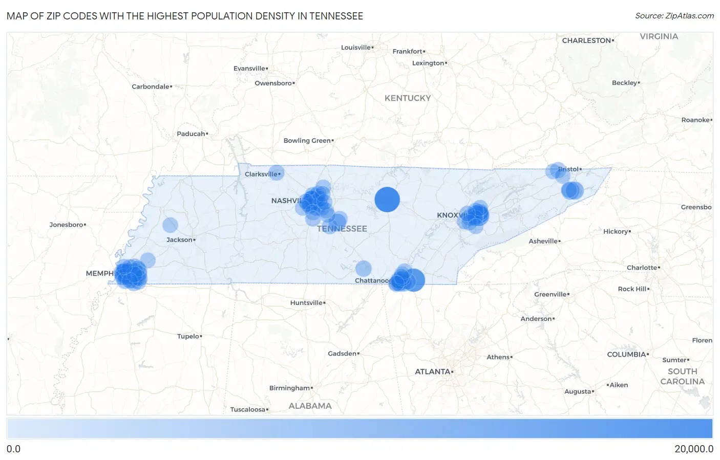 Zip Codes with the Highest Population Density in Tennessee Map