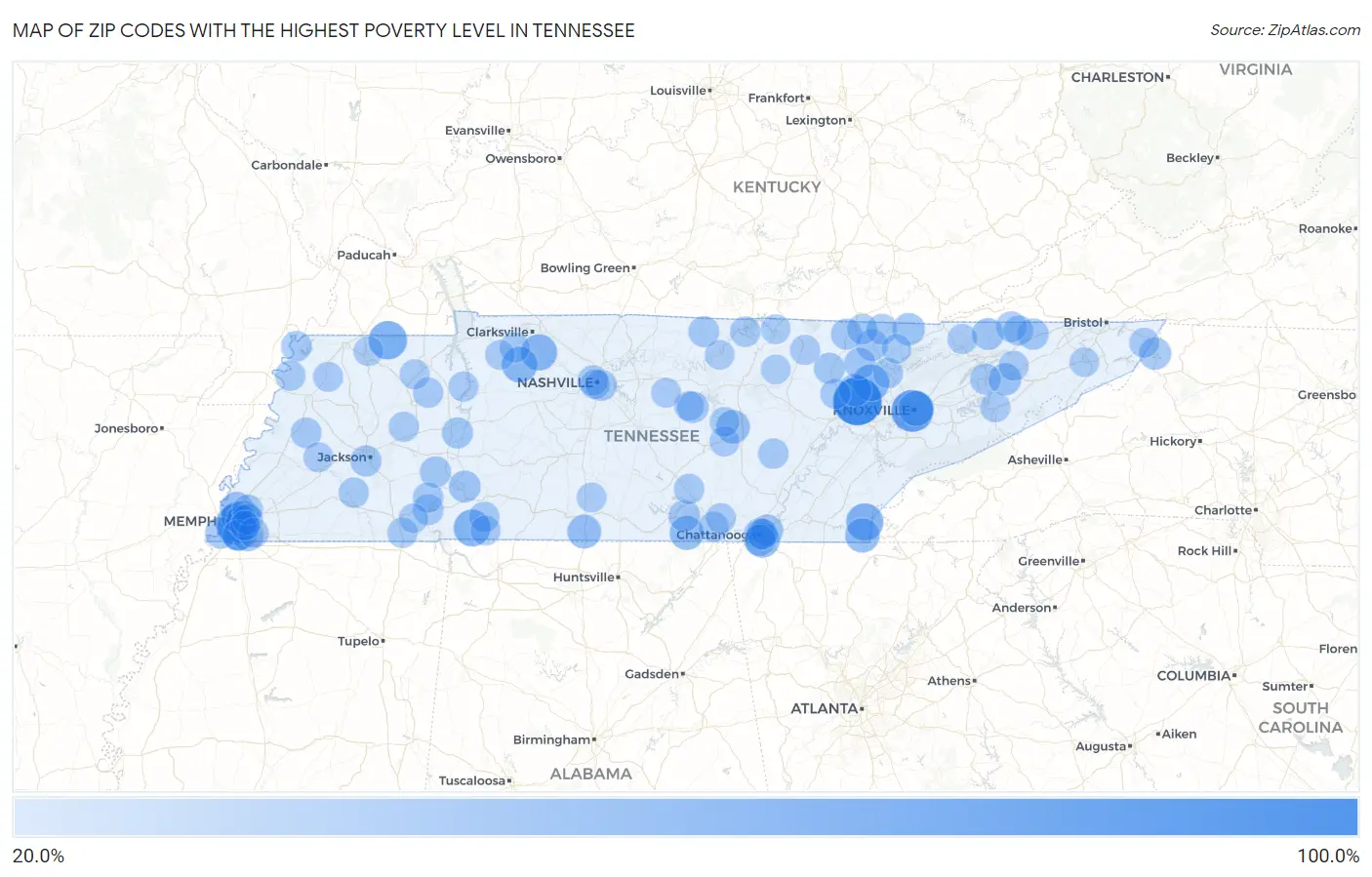 Zip Codes with the Highest Poverty Level in Tennessee Map
