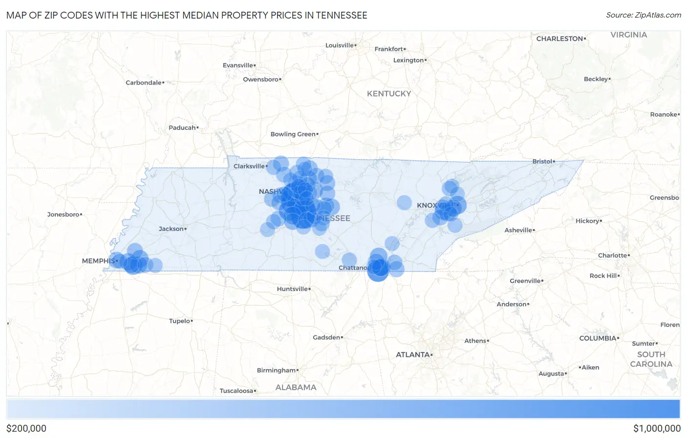 Zip Codes with the Highest Median Property Prices in Tennessee Map