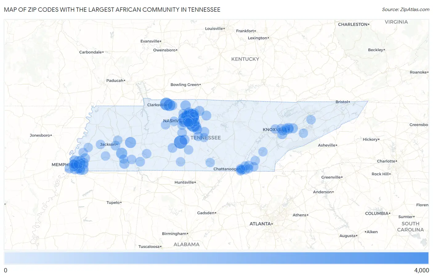 Zip Codes with the Largest African Community in Tennessee Map