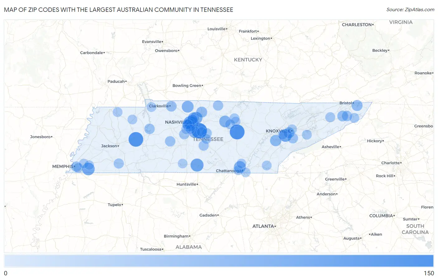 Zip Codes with the Largest Australian Community in Tennessee Map