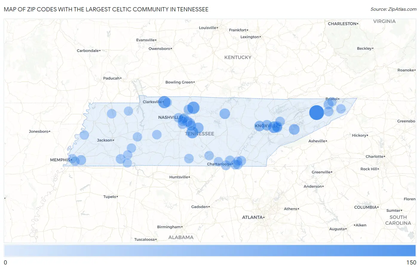 Zip Codes with the Largest Celtic Community in Tennessee Map