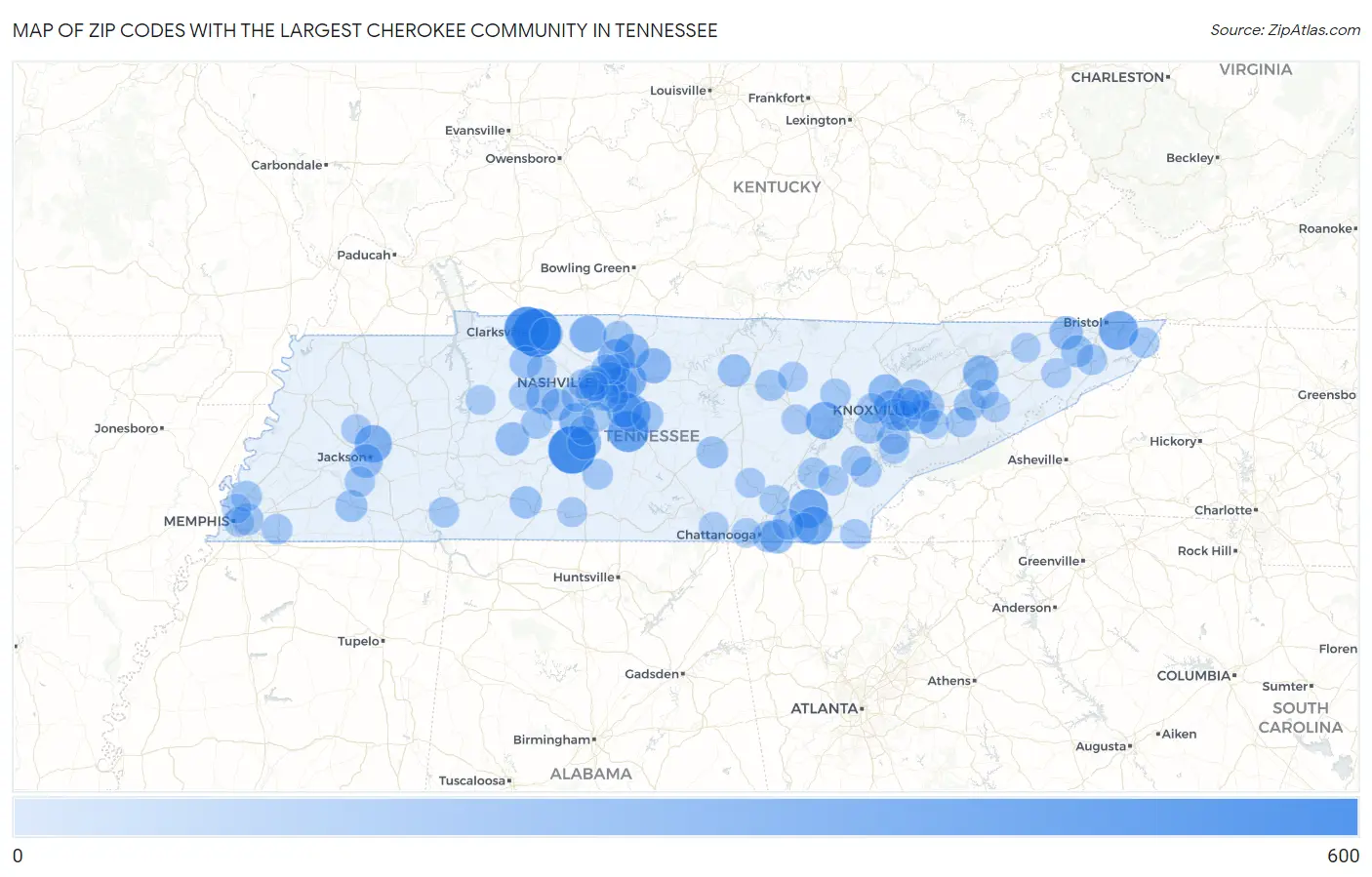 Zip Codes with the Largest Cherokee Community in Tennessee Map