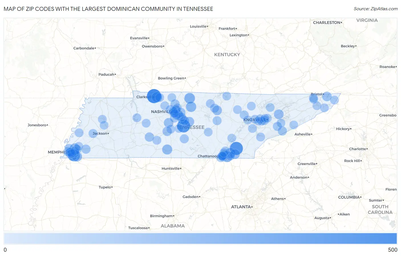 Zip Codes with the Largest Dominican Community in Tennessee Map
