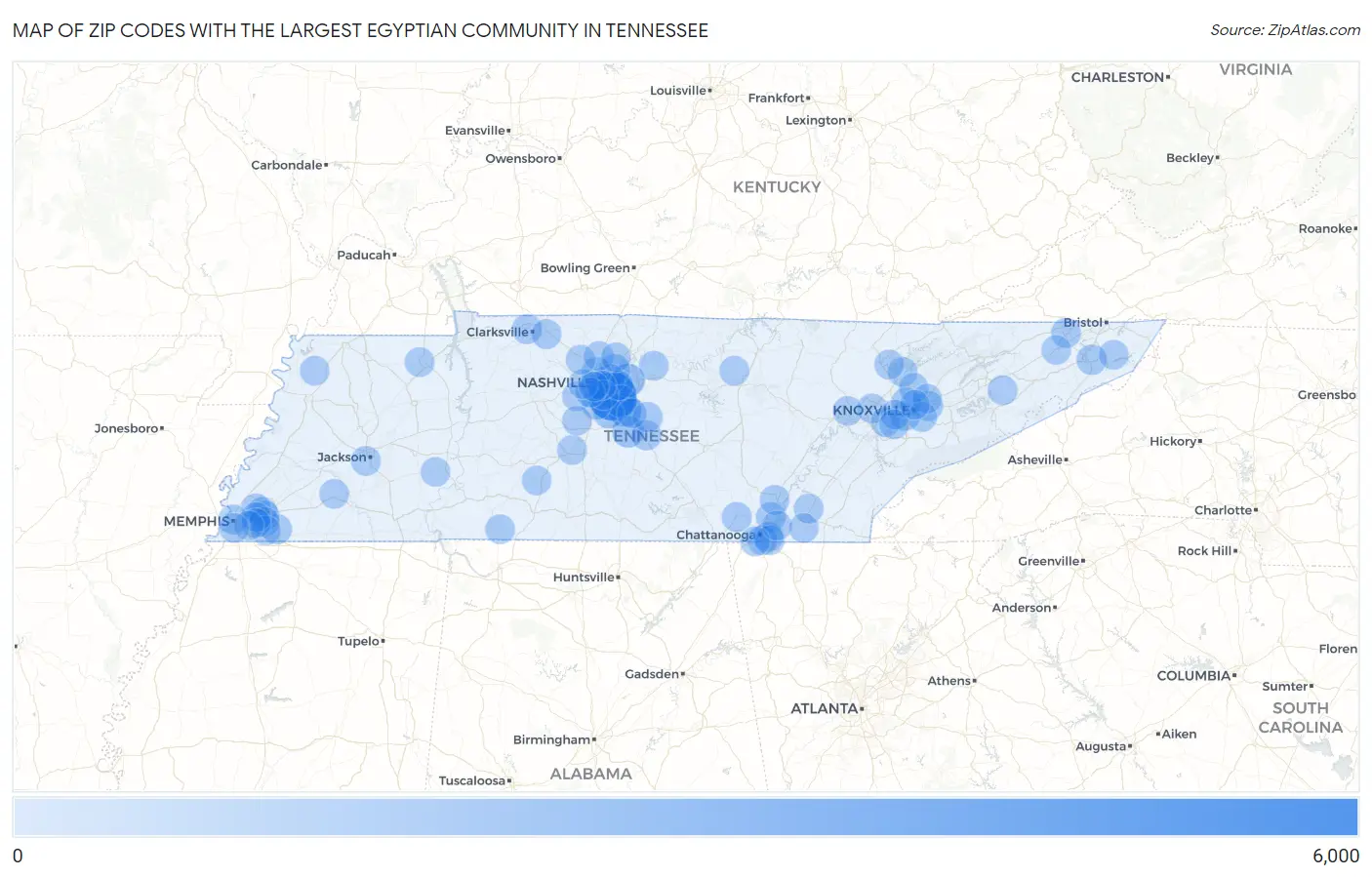 Zip Codes with the Largest Egyptian Community in Tennessee Map