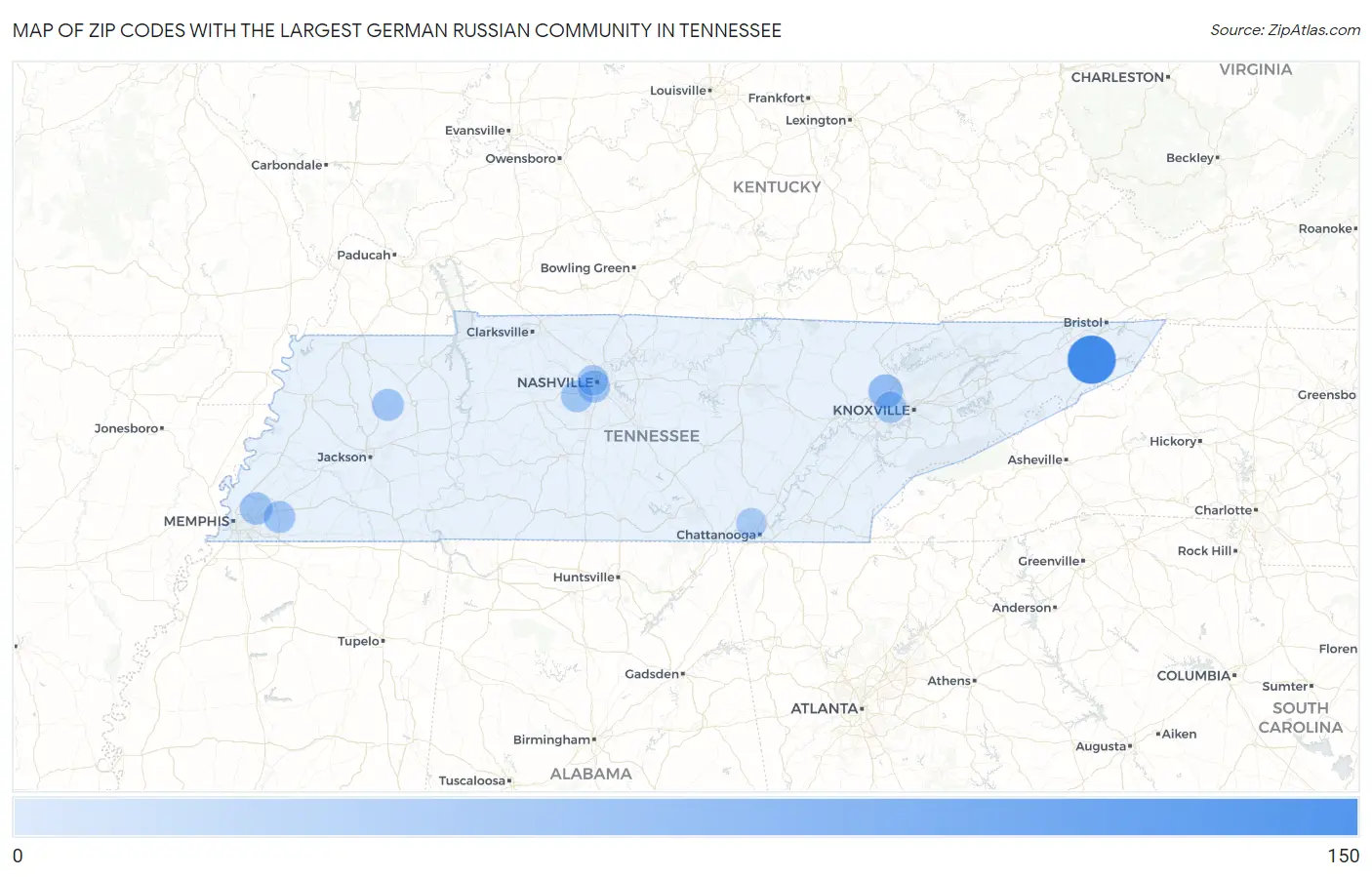 Zip Codes with the Largest German Russian Community in Tennessee Map