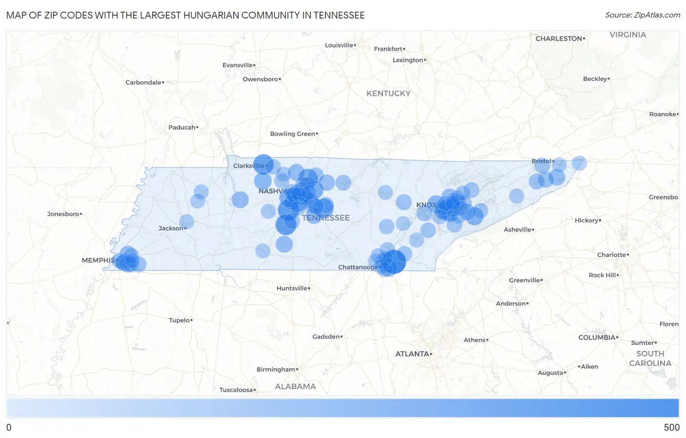 Zip Codes with the Largest Hungarian Community in Tennessee Map