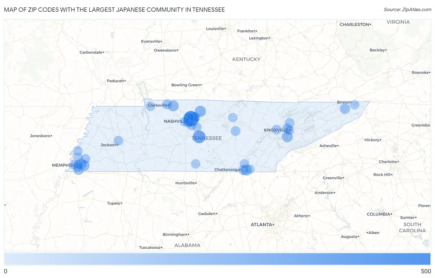 Zip Codes with the Largest Japanese Community in Tennessee Map