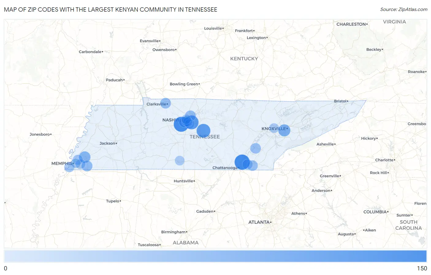 Zip Codes with the Largest Kenyan Community in Tennessee Map