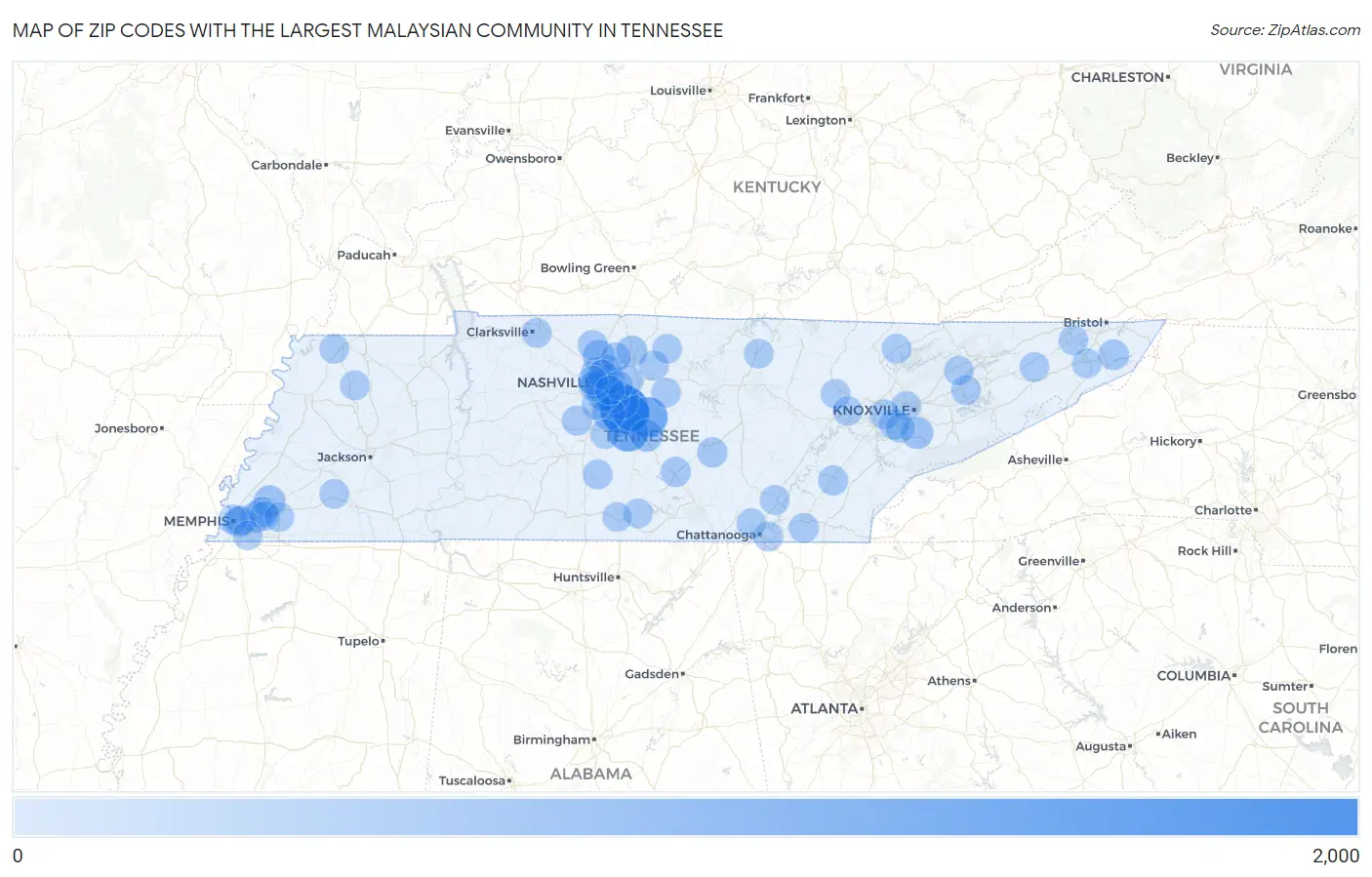 Zip Codes with the Largest Malaysian Community in Tennessee Map