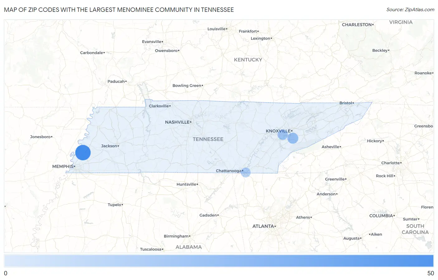 Zip Codes with the Largest Menominee Community in Tennessee Map
