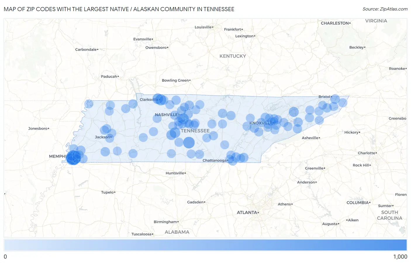 Zip Codes with the Largest Native / Alaskan Community in Tennessee Map