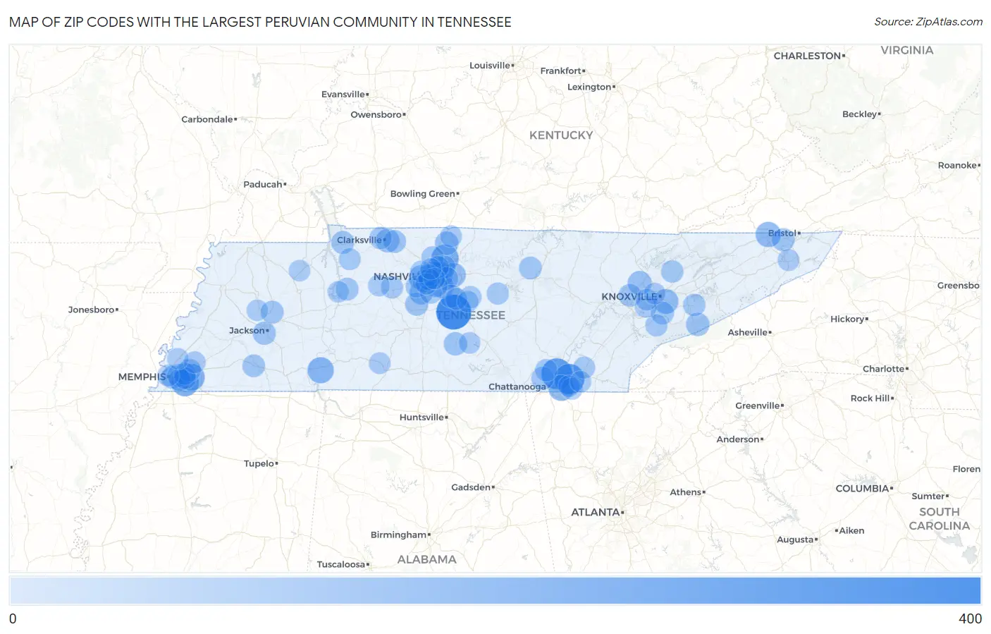 Zip Codes with the Largest Peruvian Community in Tennessee Map