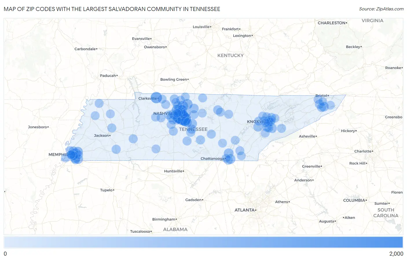 Zip Codes with the Largest Salvadoran Community in Tennessee Map