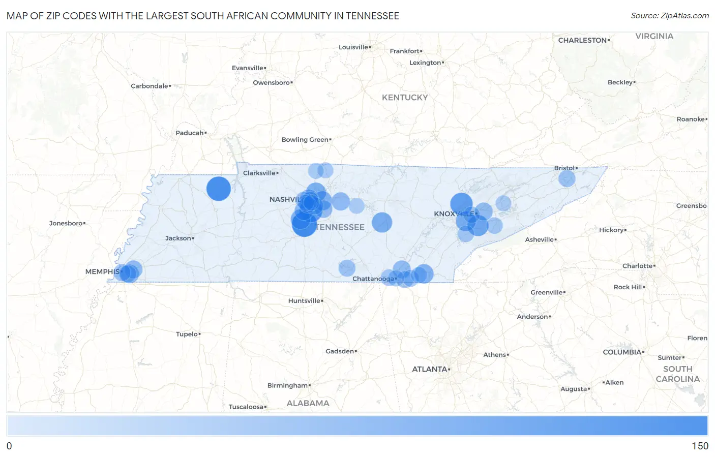 Zip Codes with the Largest South African Community in Tennessee Map