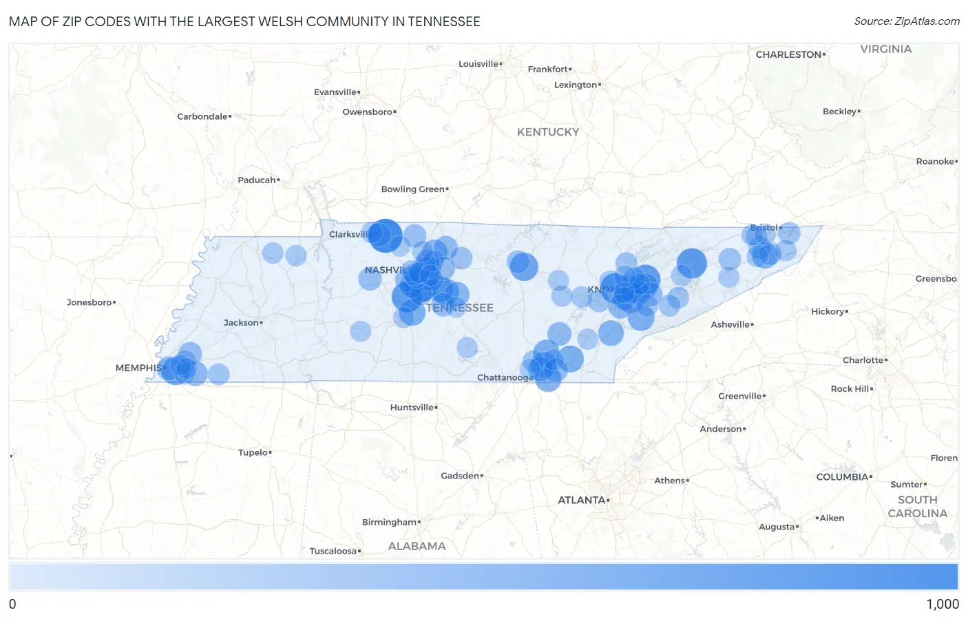 Zip Codes with the Largest Welsh Community in Tennessee Map
