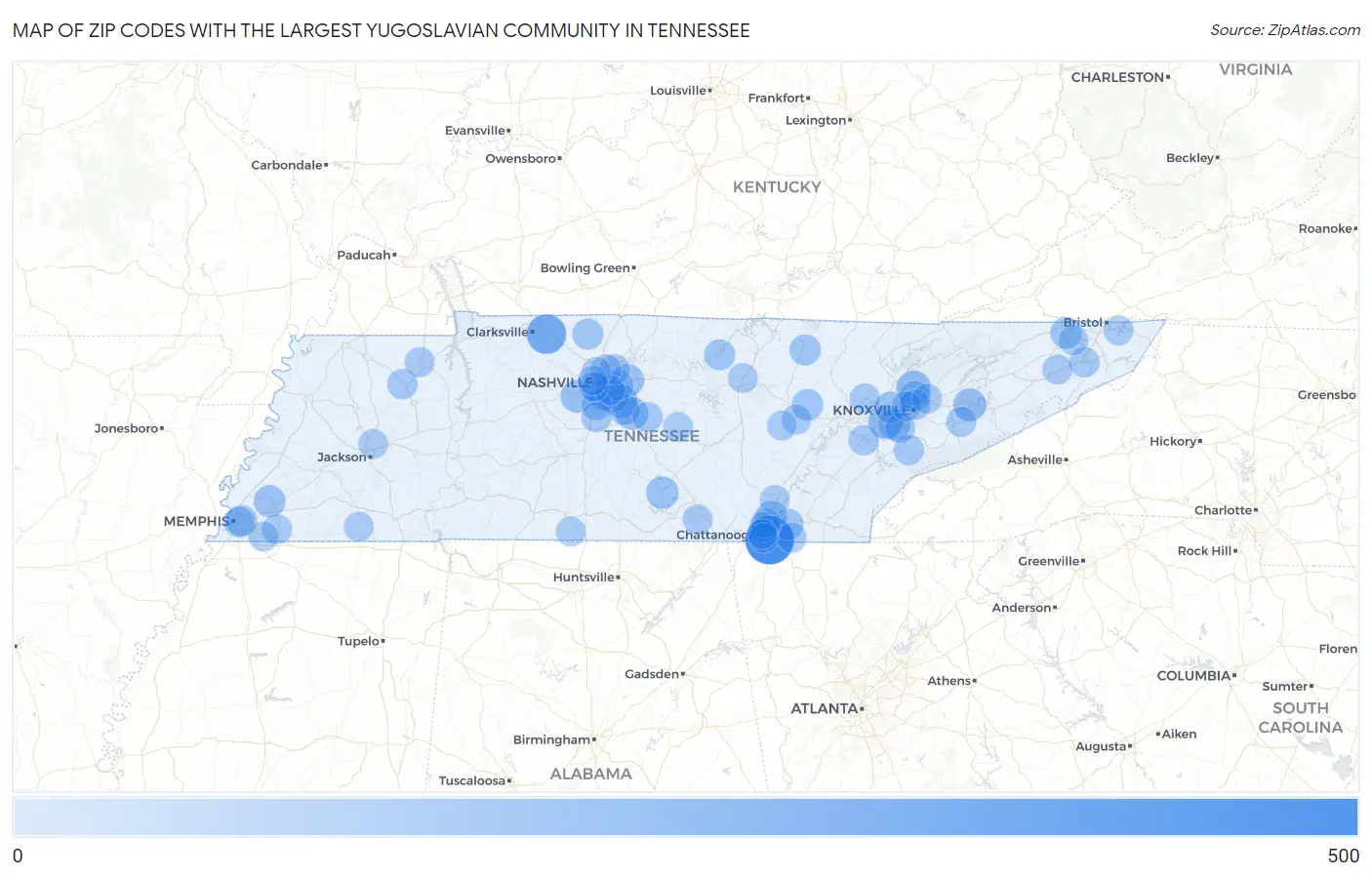 Zip Codes with the Largest Yugoslavian Community in Tennessee Map