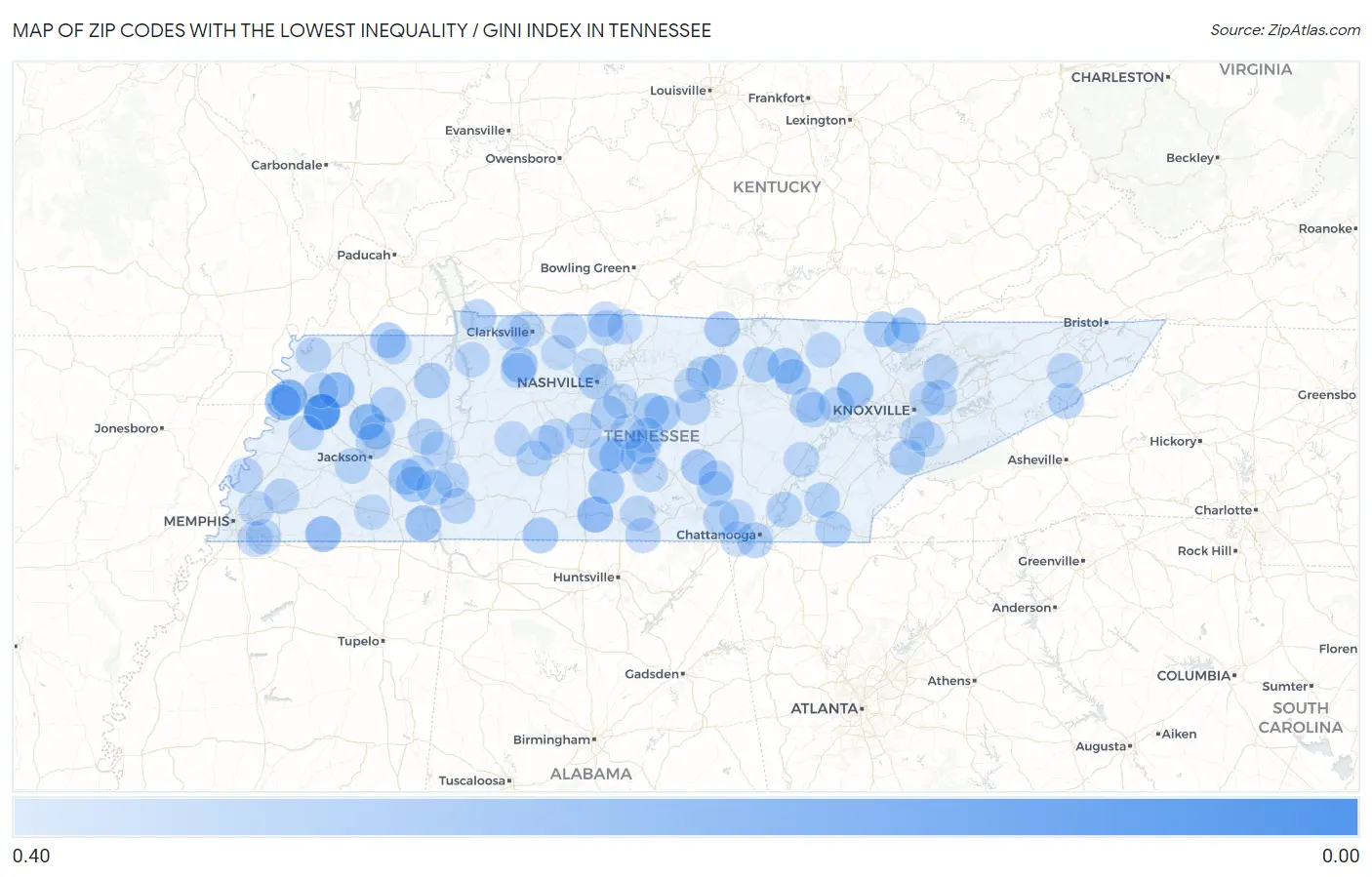 Zip Codes with the Lowest Inequality / Gini Index in Tennessee Map