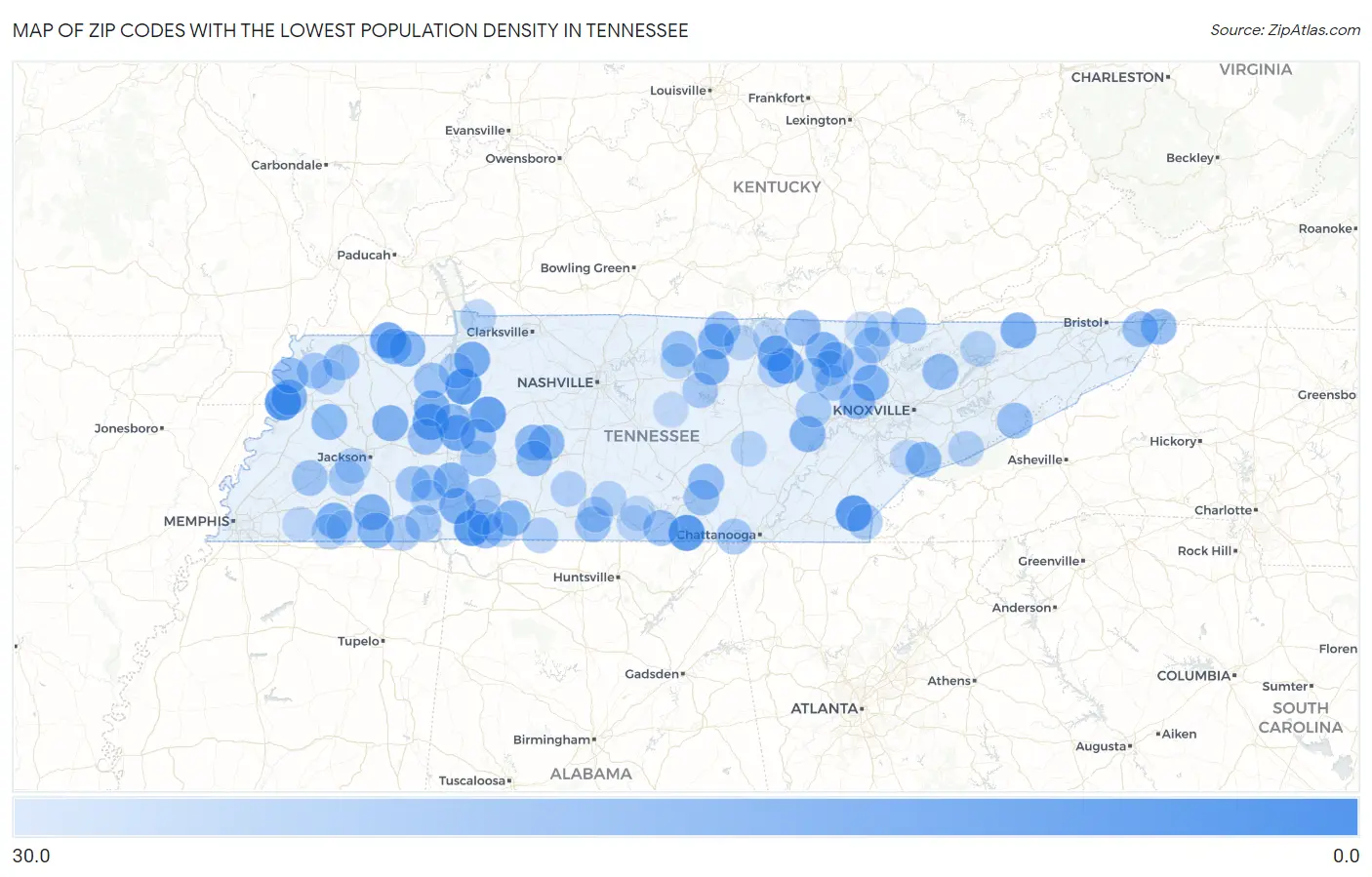 Zip Codes with the Lowest Population Density in Tennessee Map