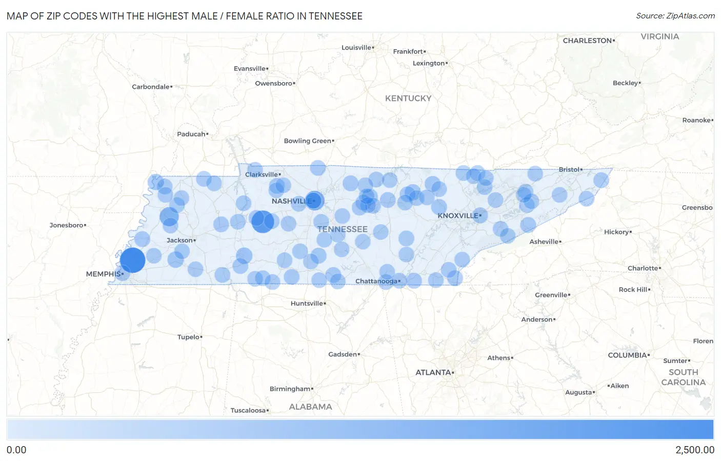Zip Codes with the Highest Male / Female Ratio in Tennessee Map