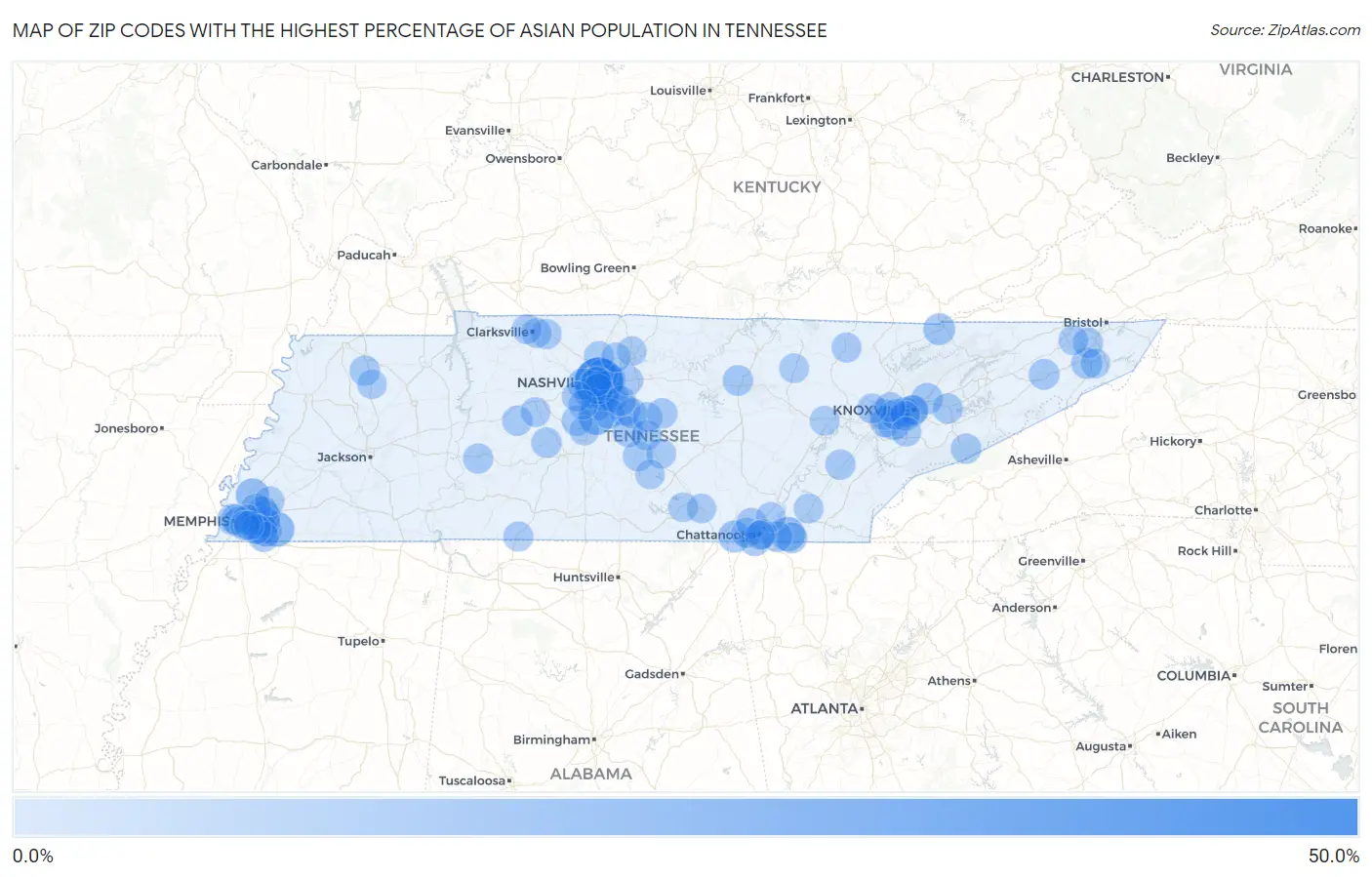 Zip Codes with the Highest Percentage of Asian Population in Tennessee Map