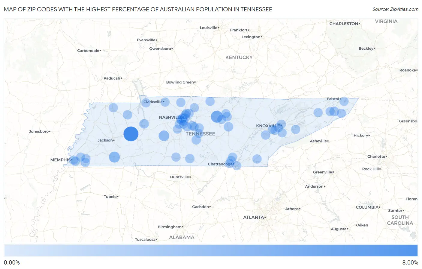 Zip Codes with the Highest Percentage of Australian Population in Tennessee Map
