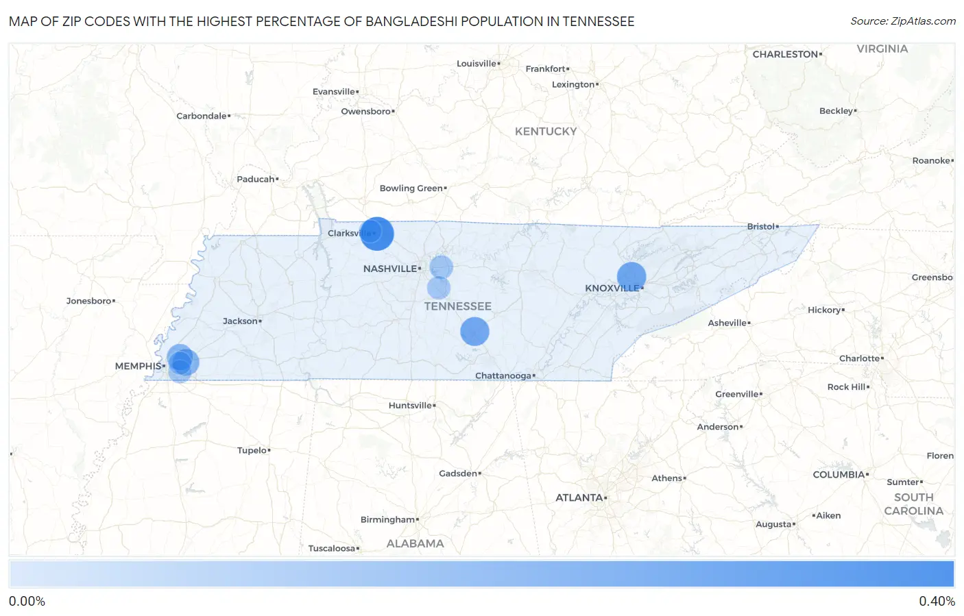 Zip Codes with the Highest Percentage of Bangladeshi Population in Tennessee Map