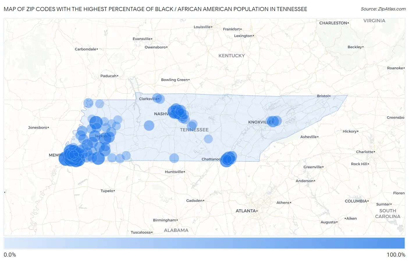 Zip Codes with the Highest Percentage of Black / African American Population in Tennessee Map