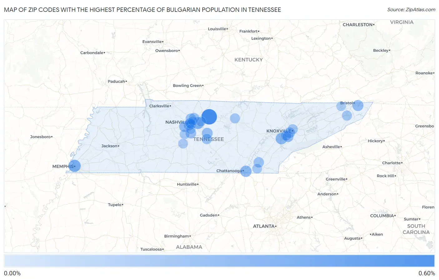Zip Codes with the Highest Percentage of Bulgarian Population in Tennessee Map