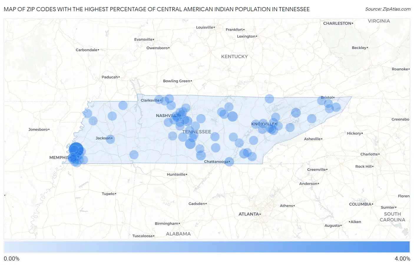Zip Codes with the Highest Percentage of Central American Indian Population in Tennessee Map